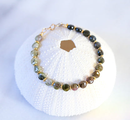 Ombré Green Tourmaline Bracelet: Gold Filled Karen Hill Tribe Beads