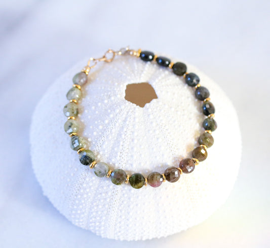 Ombré Green Tourmaline Bracelet: Gold Filled Karen Hill Tribe Beads
