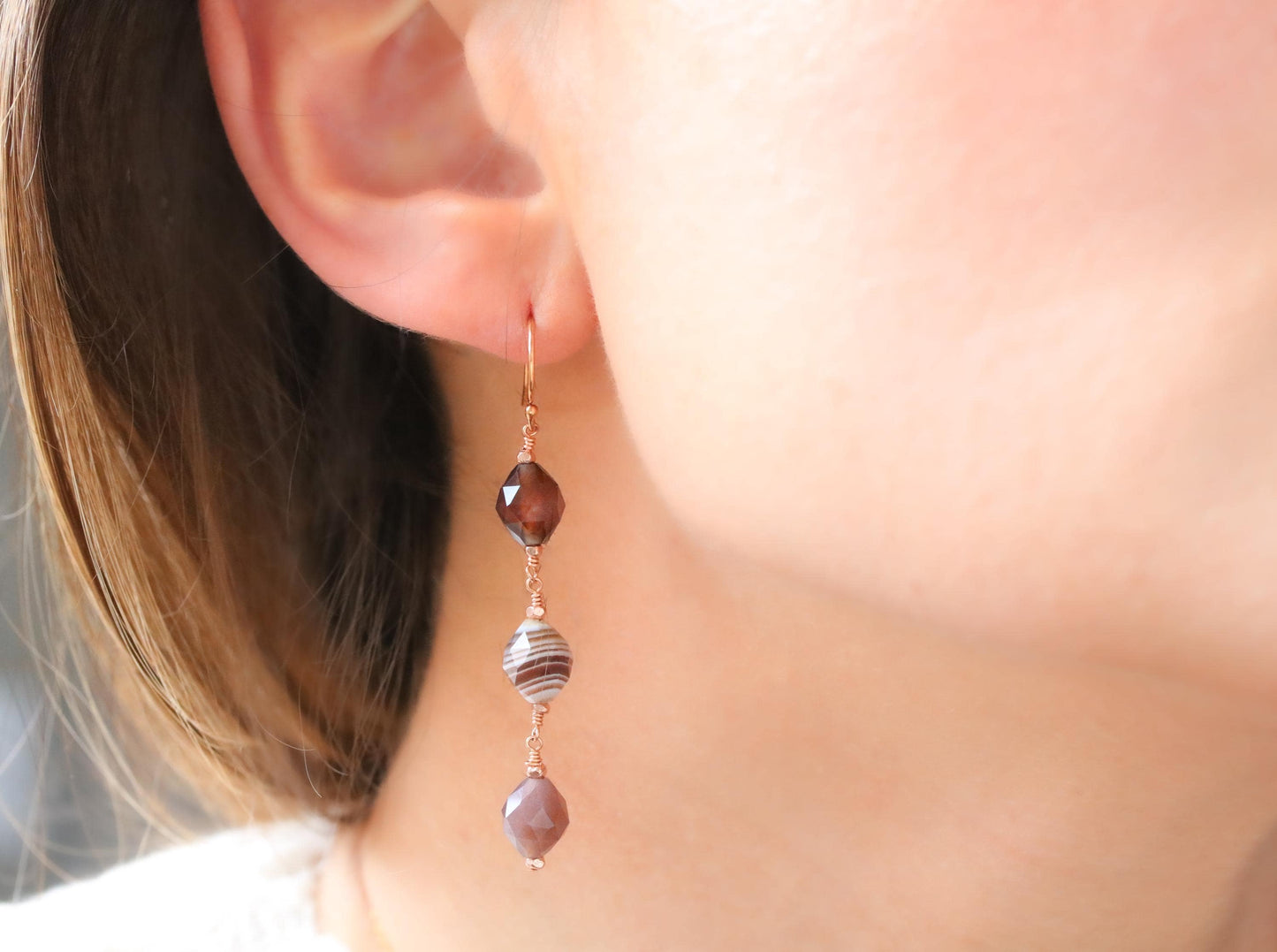 Handmade Rose Gold Botswana Agate Drop Earrings: Unique Gemstone Jewelry