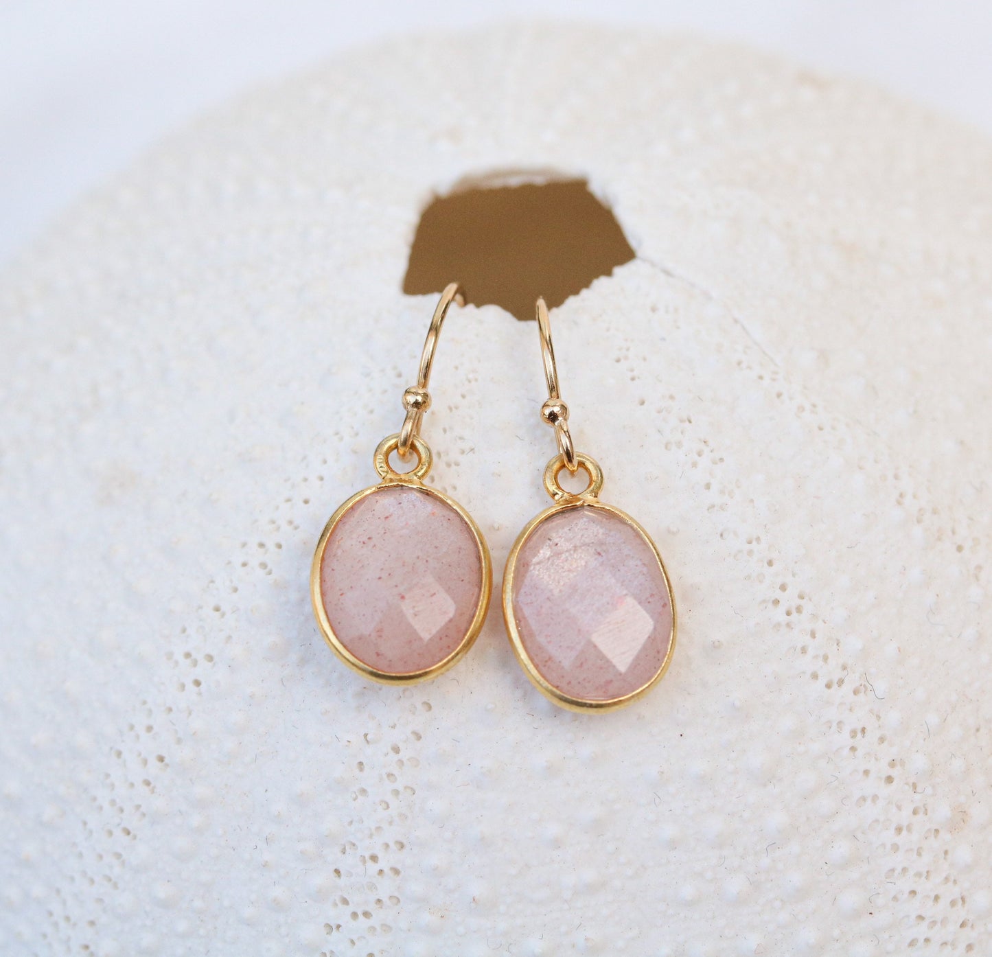 Sunstone Gold Filled Earrings: 14k Bezel Set, Peach Pink Gemstone