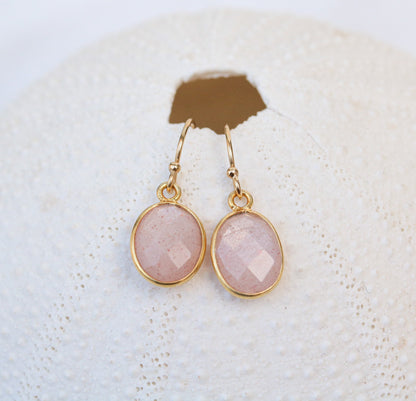 Sunstone Gold Filled Earrings: 14k Bezel Set, Peach Pink Gemstone