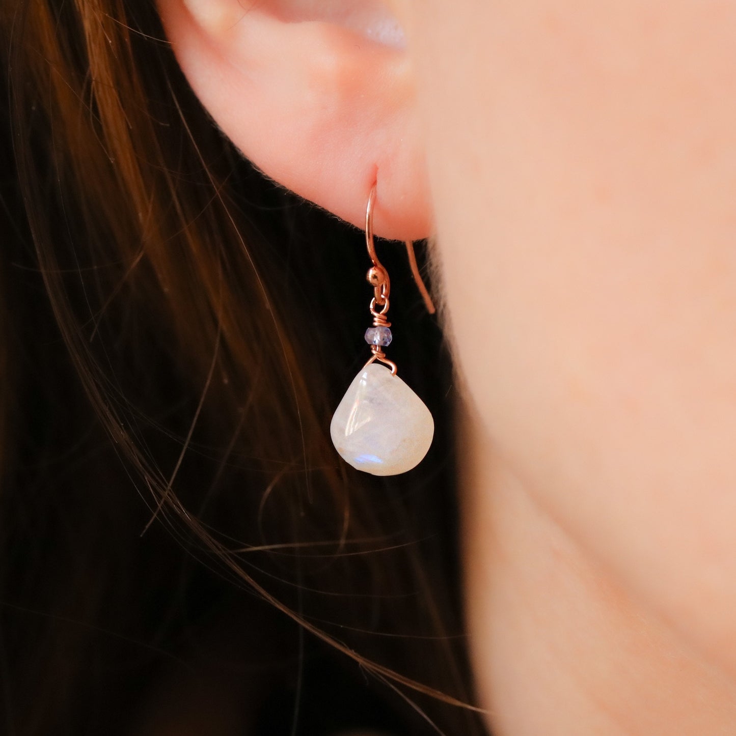 Handmade Moonstone Tanzanite Rose Gold Earrings: December Birthstone