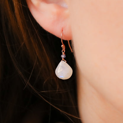 Handmade Moonstone Tanzanite Rose Gold Earrings: December Birthstone
