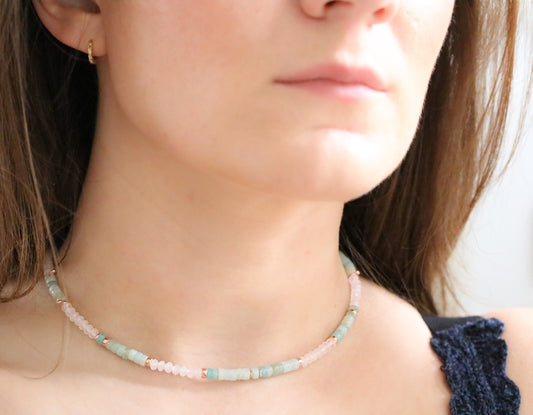 Rose Quartz Amazonite Choker: Rose Gold Heishi Necklace