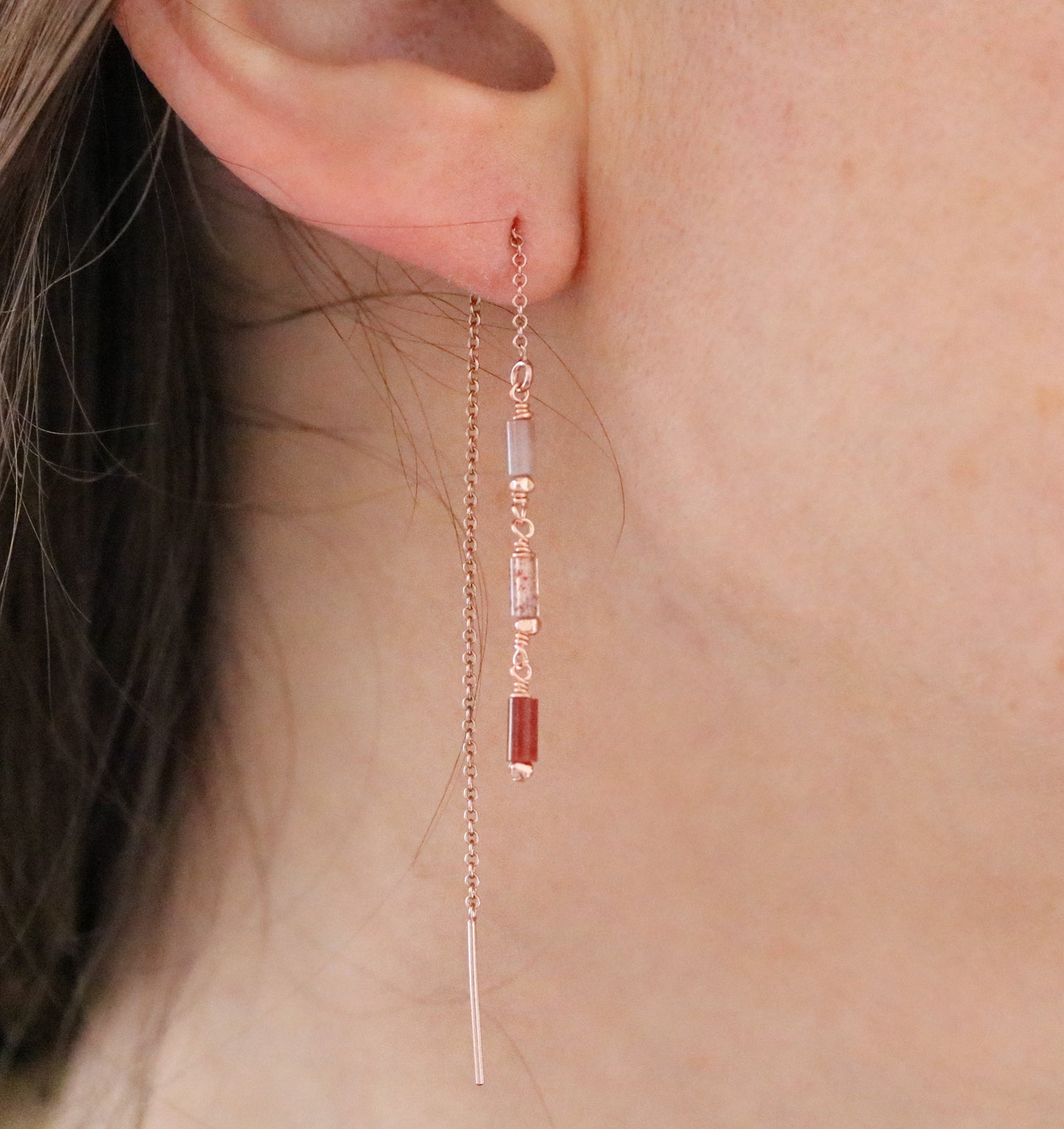 Handmade Indian Agate Threader Earrings: Rose Gold Fill Dangles