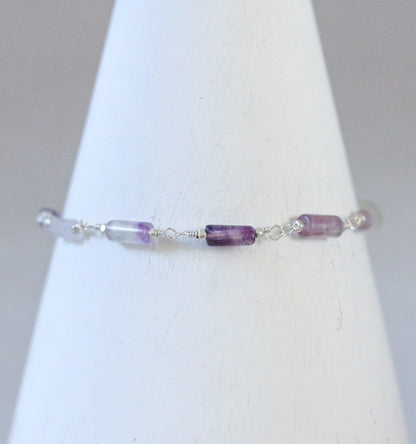 Fluorite Bracelet: Purple & Green Gemstone, Solid Silver Chain