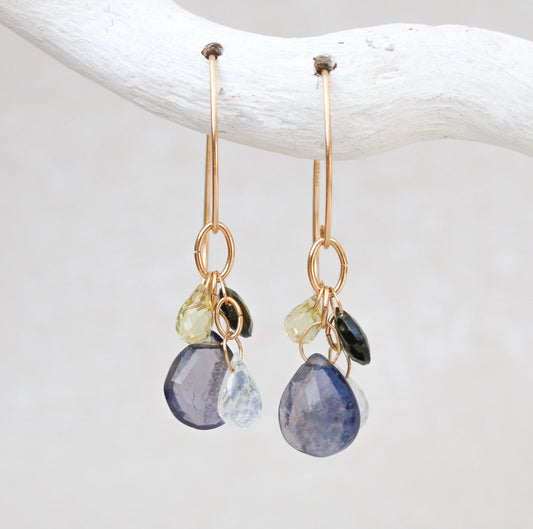 Handmade Gold Earrings: Faceted Tourmaline, Quartz & Iolite Gemstone Cluster
