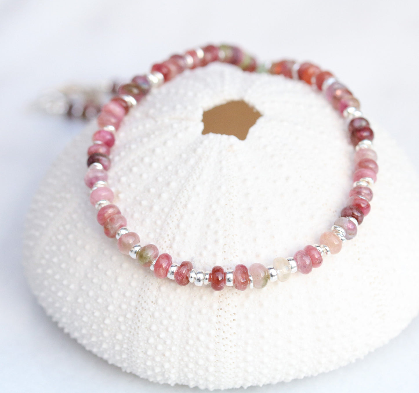 Pink Tourmaline Heishi Necklace: Sterling Silver Surfer Choker