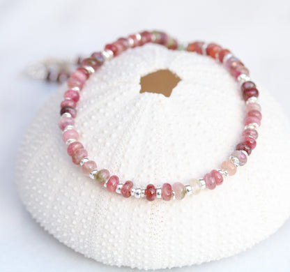 Pink Tourmaline Heishi Necklace: Sterling Silver Surfer Choker