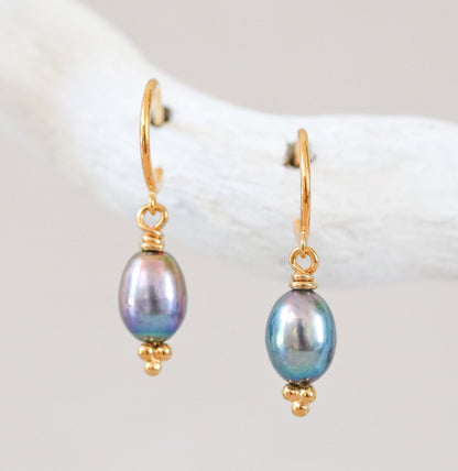 Peacock Freshwater Pearl Huggie Hoop Earrings: Karen Hill Gold Vermeil