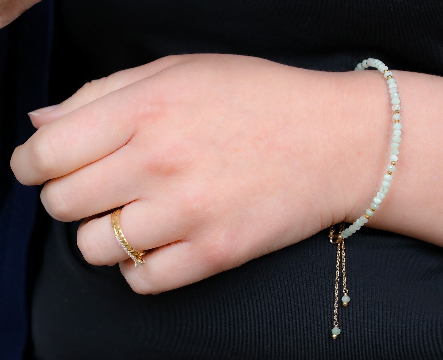 Green Opal Bracelet: Gold Karen Hill Tribe Bead, Adjustable Chain