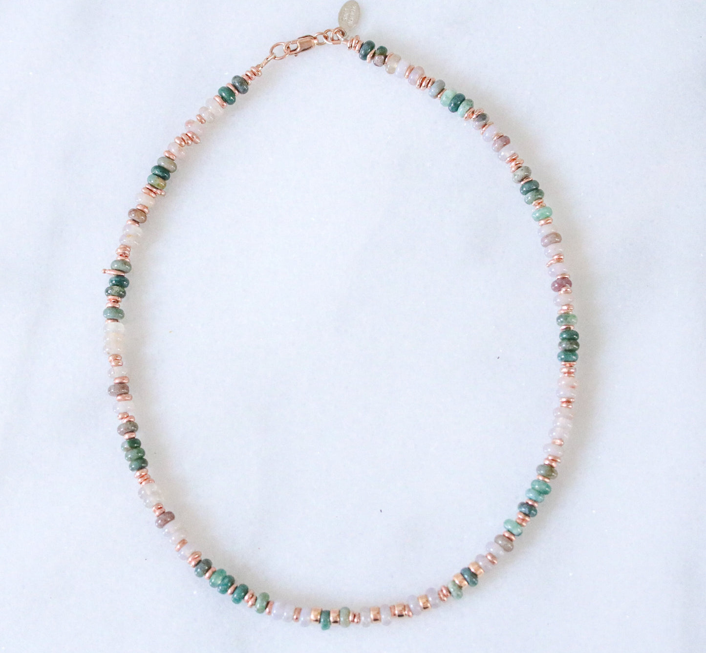 Indian Agate Heishi Choker: Rose Gold Necklace, Pastel Pink & Mint Green
