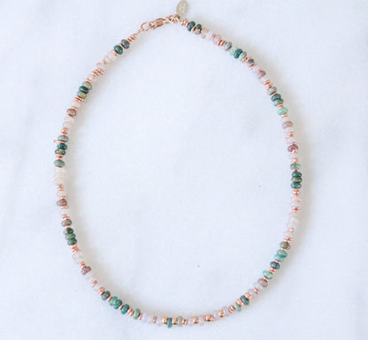 Indian Agate Heishi Choker: Rose Gold Necklace, Pastel Pink & Mint Green