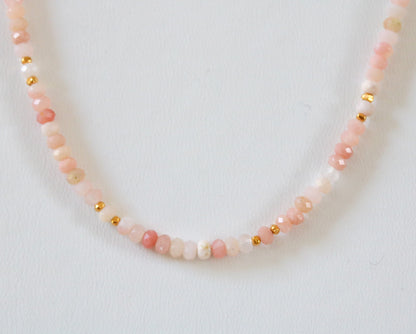 Faceted Pink Opal Necklace: Gold Karen Hill Tribe Beads, Adjustable Length