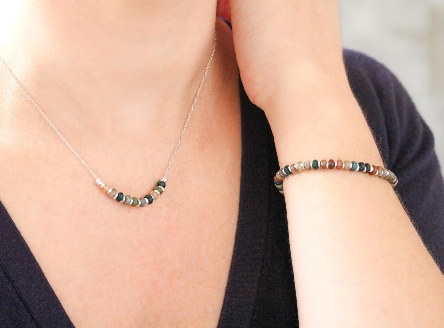 Natural Indian Agate Sterling Silver Rondelle Bracelet