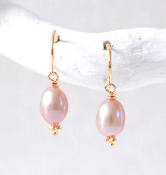 Pink Pearl Huggie Earrings: Karen Hill Gold Vermeil, Handmade Jewelry