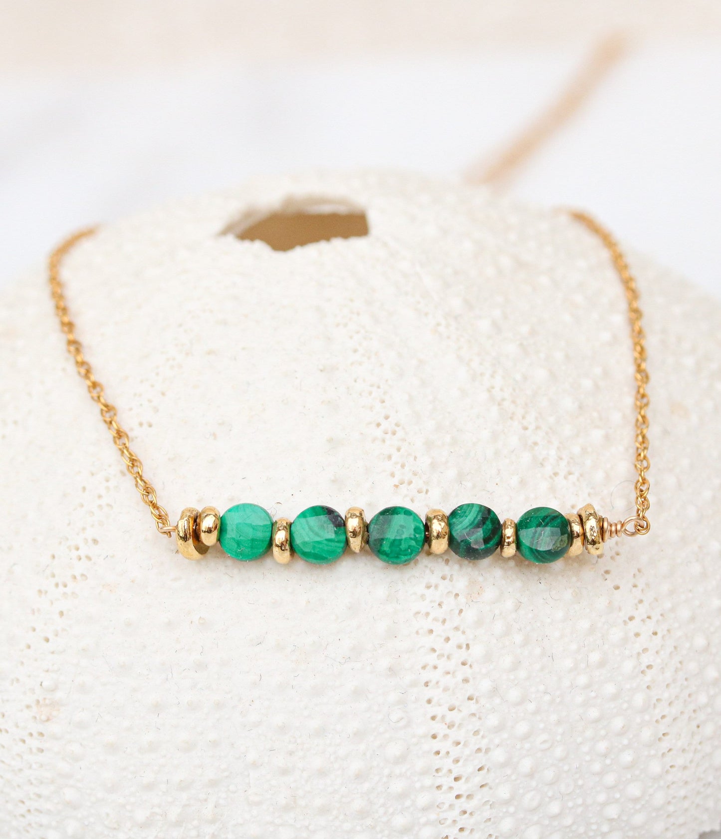 Malachite Coin Bar Necklace: 14ct Gold Fill Chain, Adjustable Fit