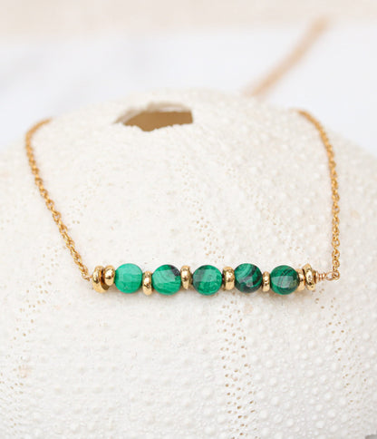Malachite Coin Bar Necklace: 14ct Gold Fill Chain, Adjustable Fit