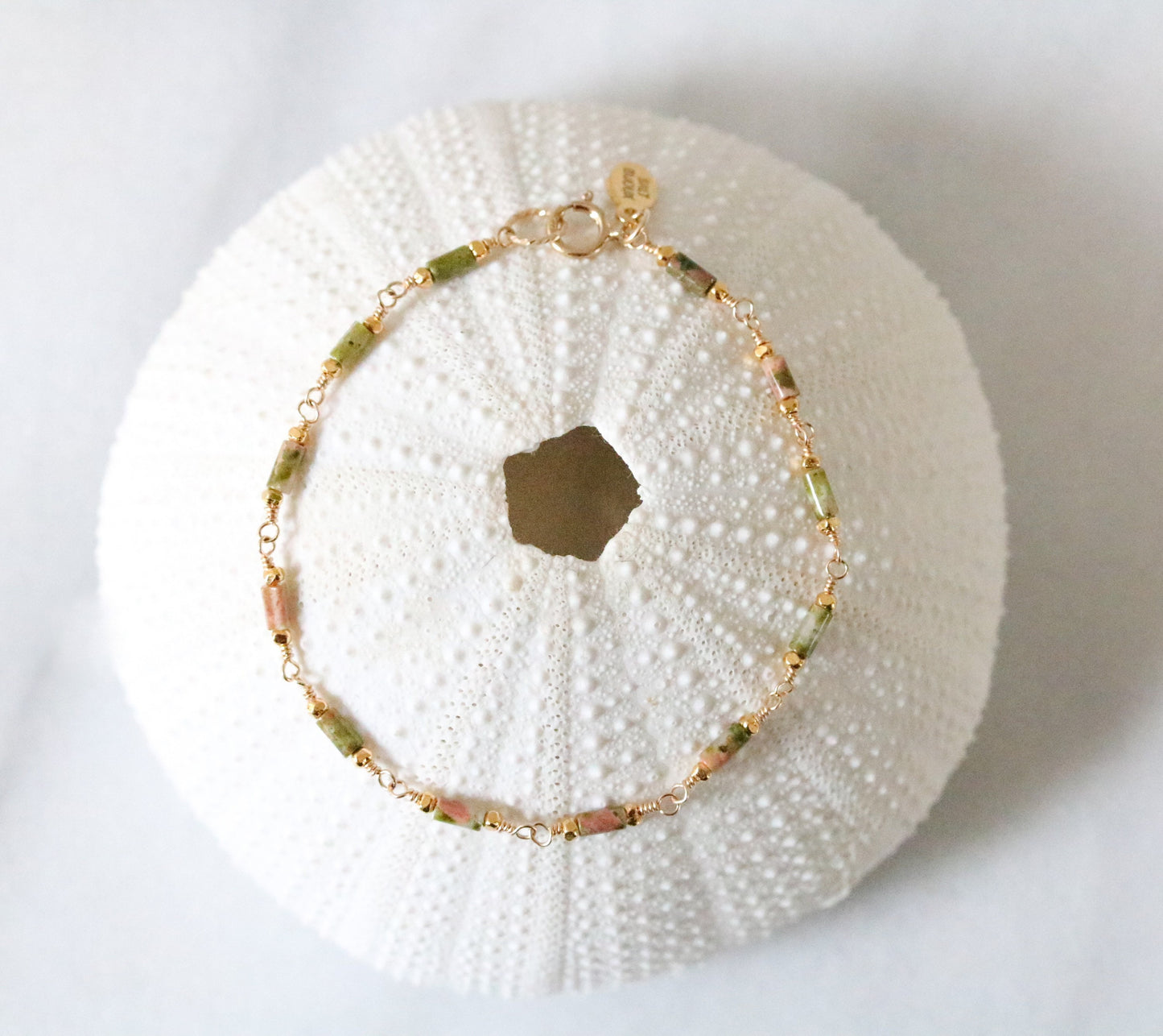 Delicate Unakite Bracelet: Gold Chain, Karen Hill Tribe Beads