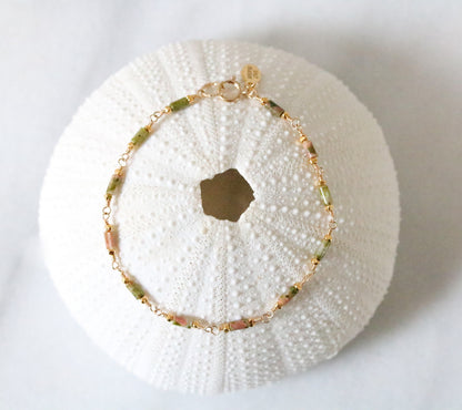 Delicate Unakite Bracelet: Gold Chain, Karen Hill Tribe Beads