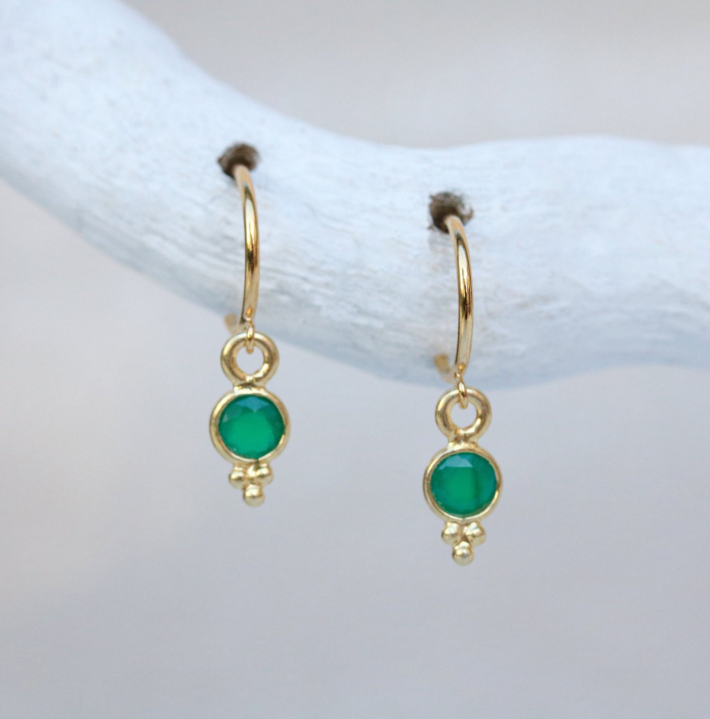 Dainty Green Agate Huggie Hoops: Yellow Gold Vermeil Earrings