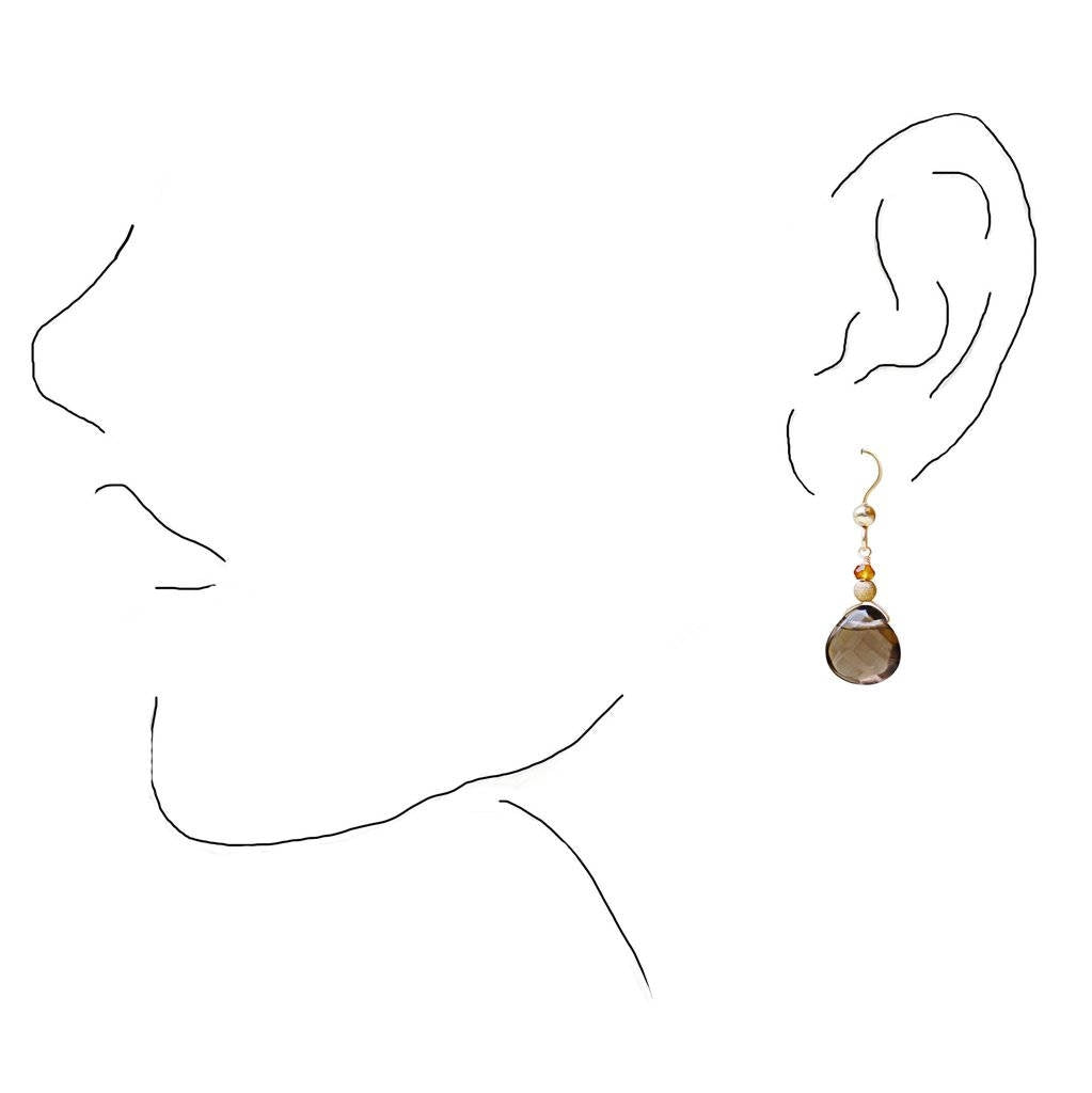 Handmade Gold Smoky Quartz Drop Earrings with Sapphires