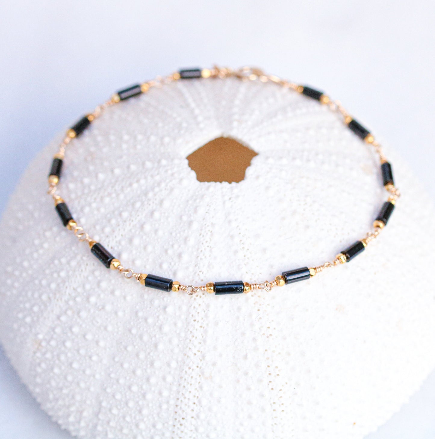 Black Agate Bracelet: Gold Karen Hill Tribe Beads, Dainty Chain