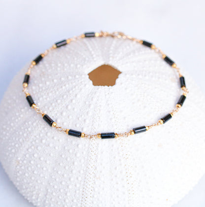 Black Agate Bracelet: Gold Karen Hill Tribe Beads, Dainty Chain