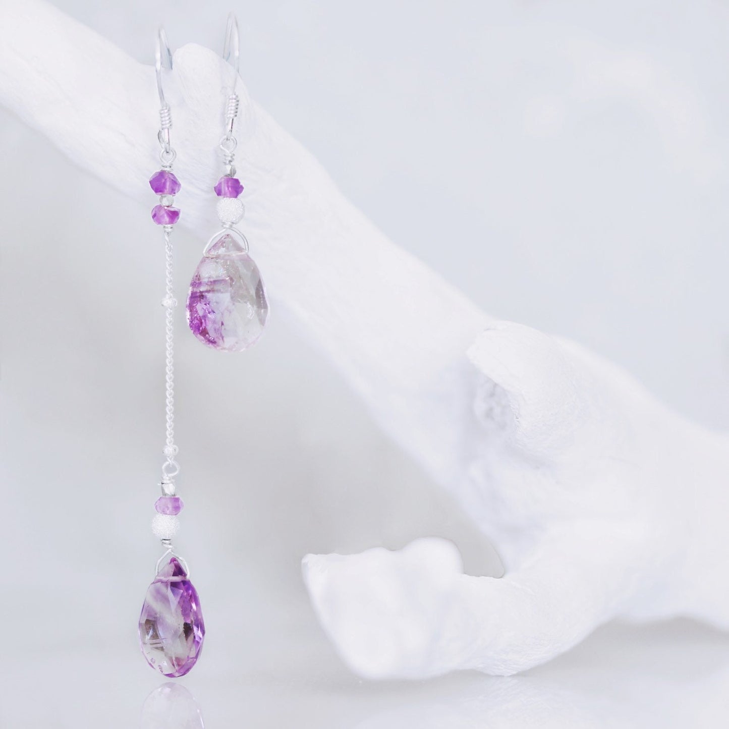 Asymmetric Sterling Silver Rutilated Quartz & Amethyst Earrings