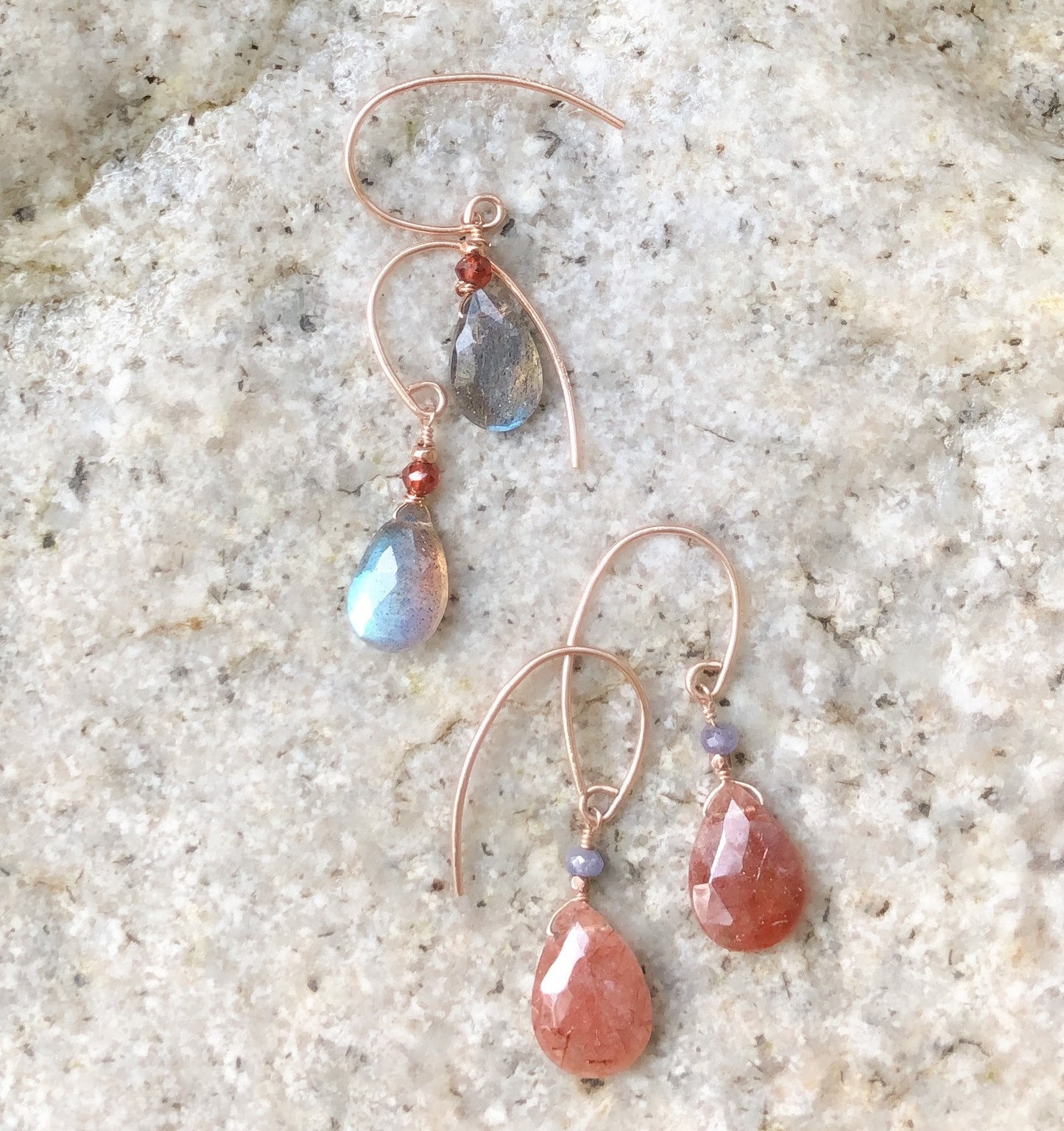 Gold Rutilated Quartz & Tanzanite Teardrop Earrings: Modern Minimalist Design