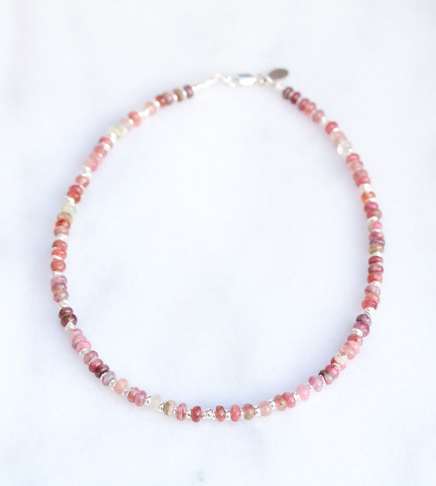Pink Tourmaline Heishi Necklace: Sterling Silver Surfer Choker
