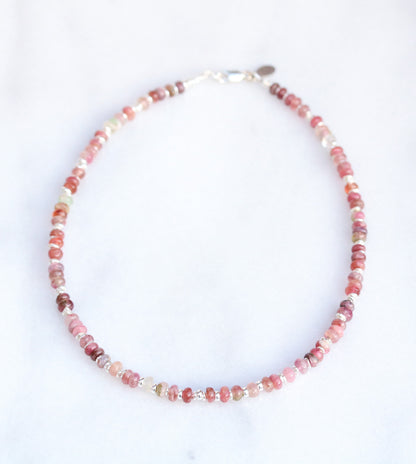 Pink Tourmaline Heishi Necklace: Sterling Silver Surfer Choker