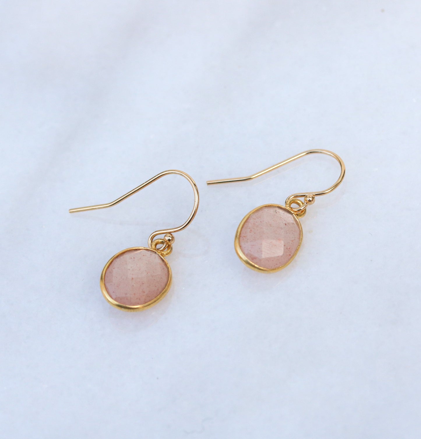 Sunstone Gold Filled Earrings: 14k Bezel Set, Peach Pink Gemstone
