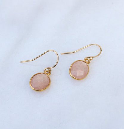 Sunstone Gold Filled Earrings: 14k Bezel Set, Peach Pink Gemstone