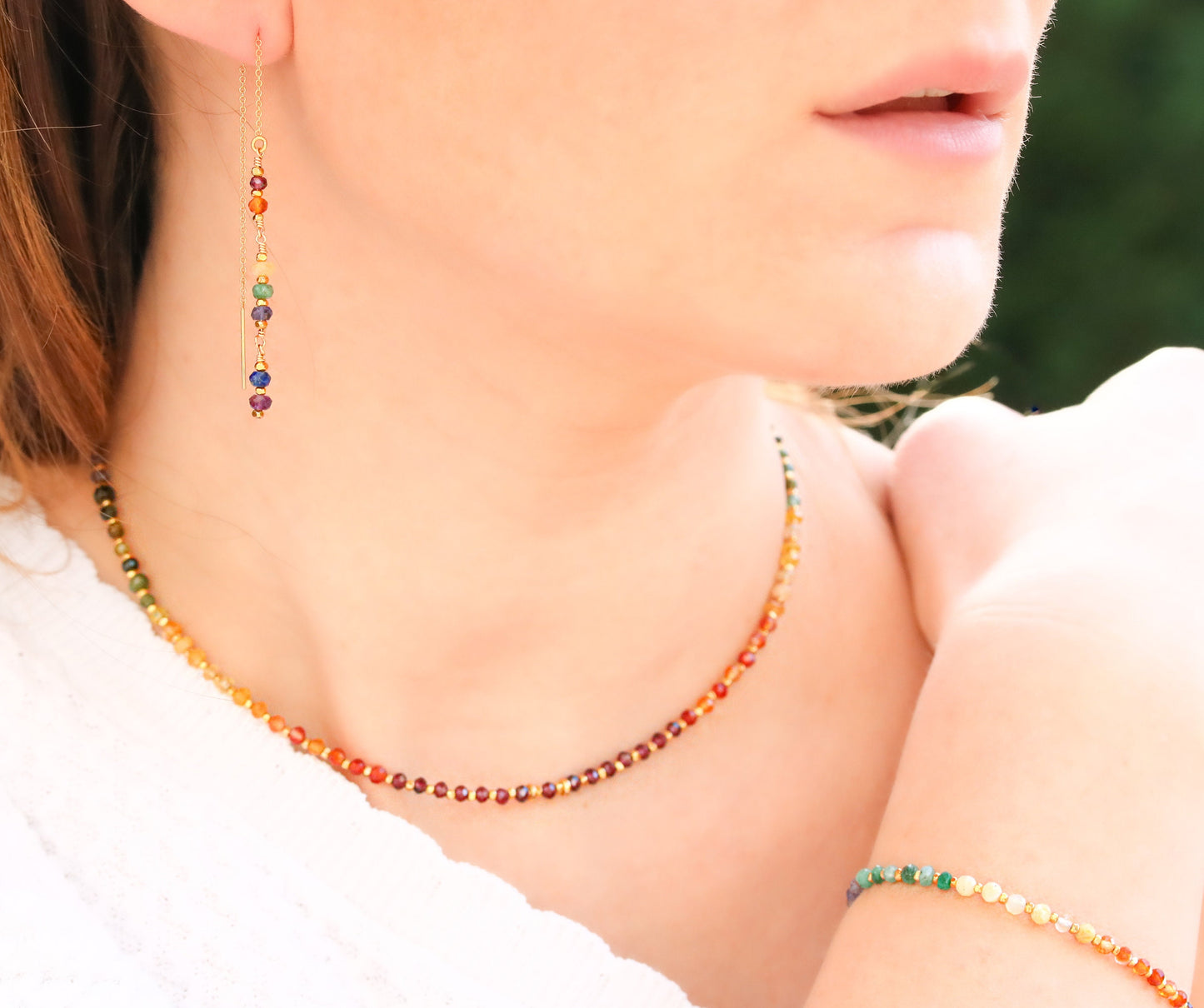 Handmade Rainbow Gemstone Threader Earrings: 14k Gold Fill