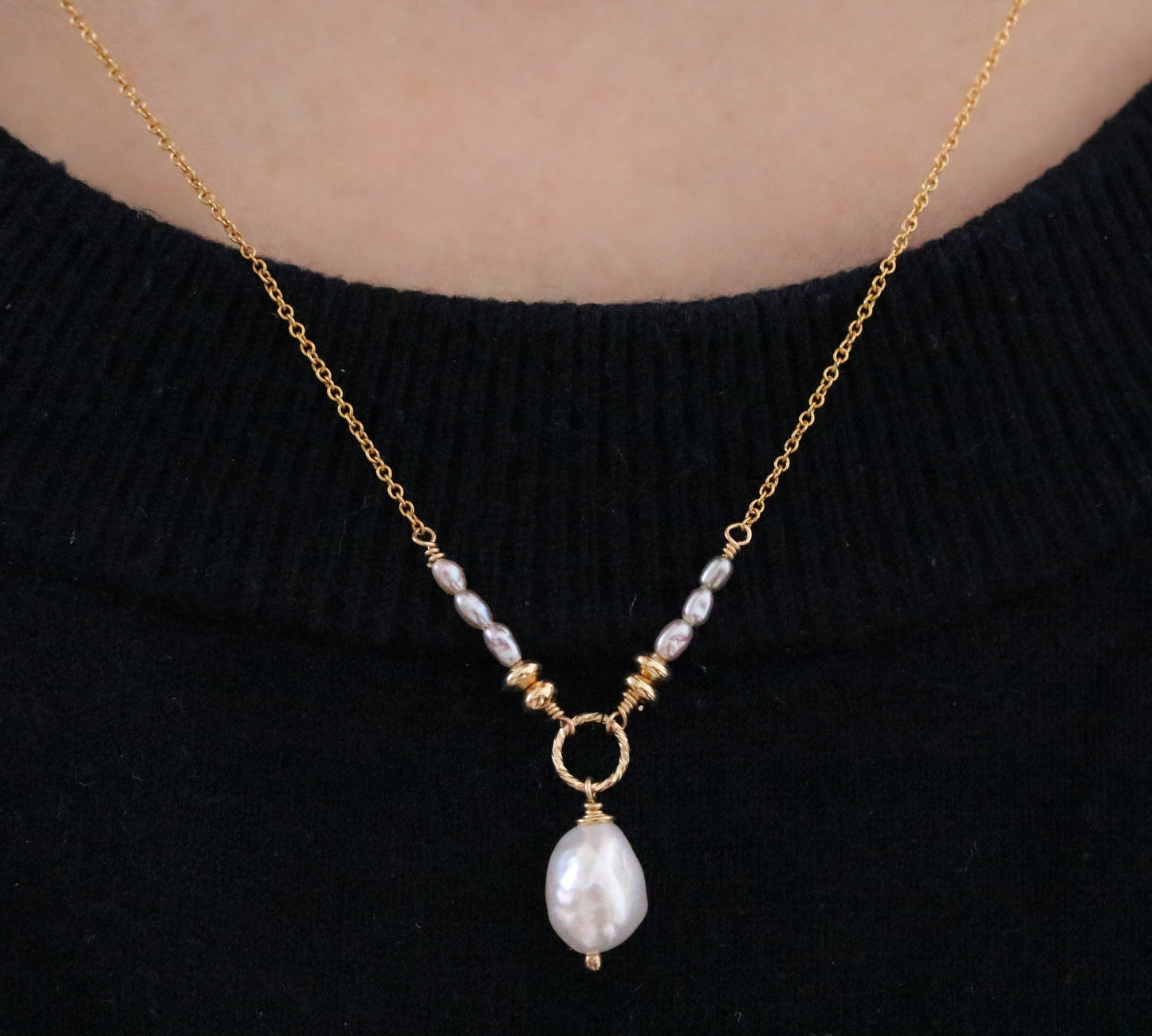 Handmade White Freshwater Pearl Necklace: Hammered Gold Link, June Birthstone