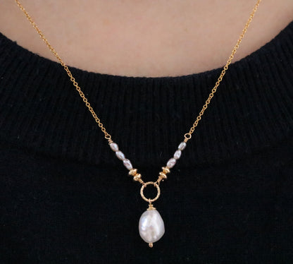 Handmade White Freshwater Pearl Necklace: Hammered Gold Link, June Birthstone