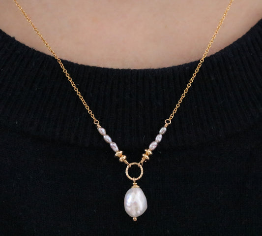 Handmade White Freshwater Pearl Necklace: Hammered Gold Link, June Birthstone