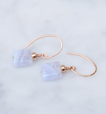 Blue Lace Agate Earrings: 14ct Rose Gold Filled, Faceted Gemstone