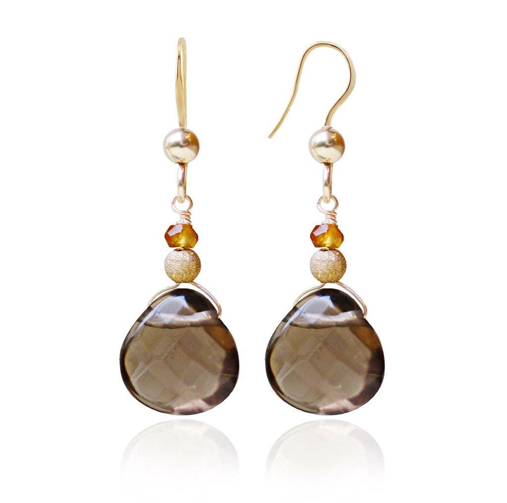 Handmade Gold Smoky Quartz Drop Earrings with Sapphires