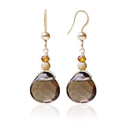 Handmade Gold Smoky Quartz Drop Earrings with Sapphires