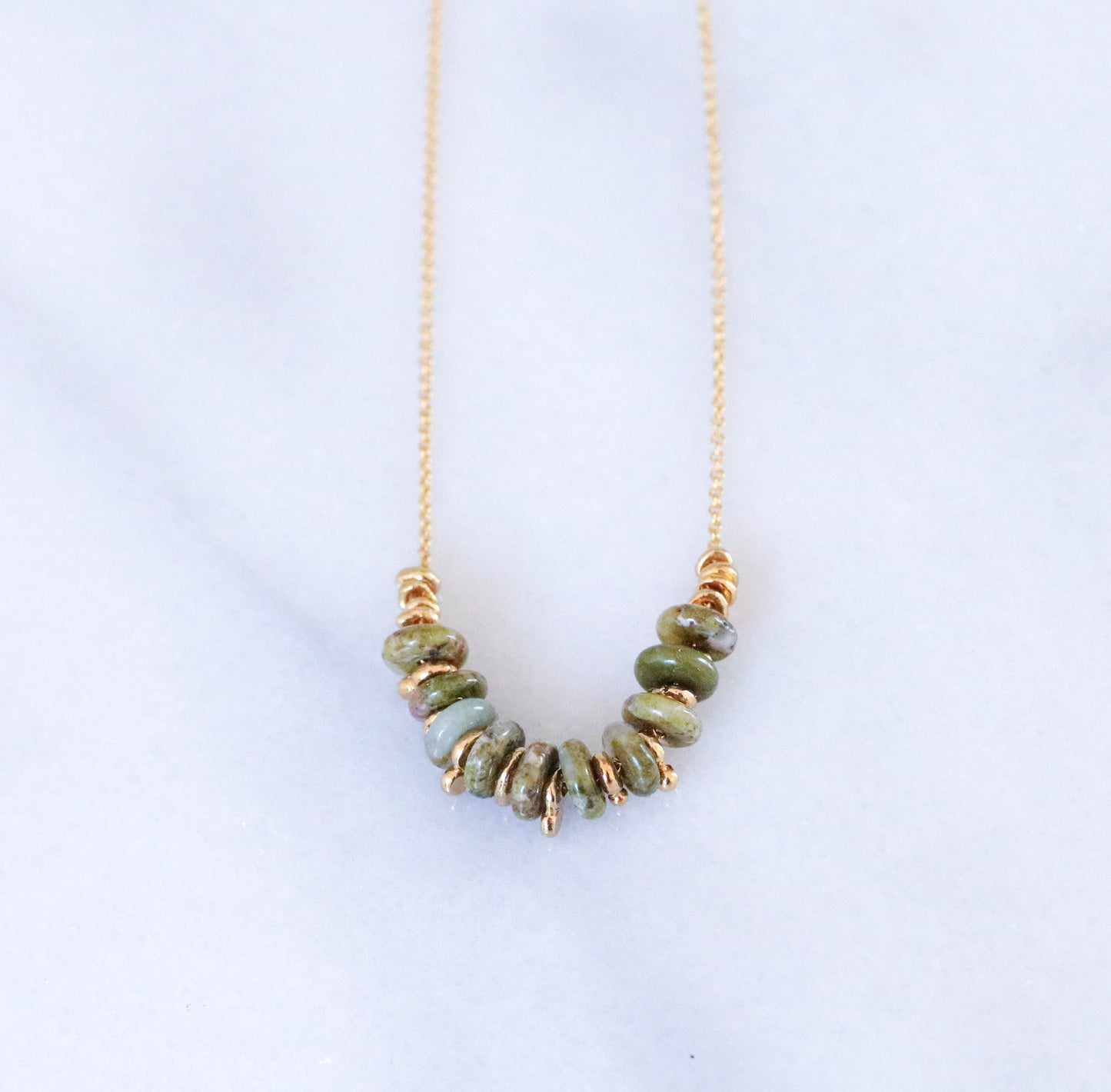 Unakite Jasper Rondelle Necklace: 14ct Gold Fill Chain, Adjustable Length