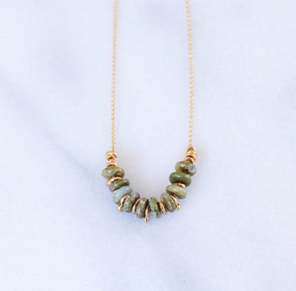 Unakite Jasper Rondelle Necklace: 14ct Gold Fill Chain, Adjustable Length