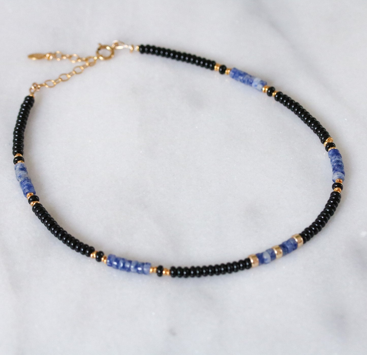Blue Spot Jasper & Black Onyx Heishi Necklace: Gold Vermeil Surfer Choker