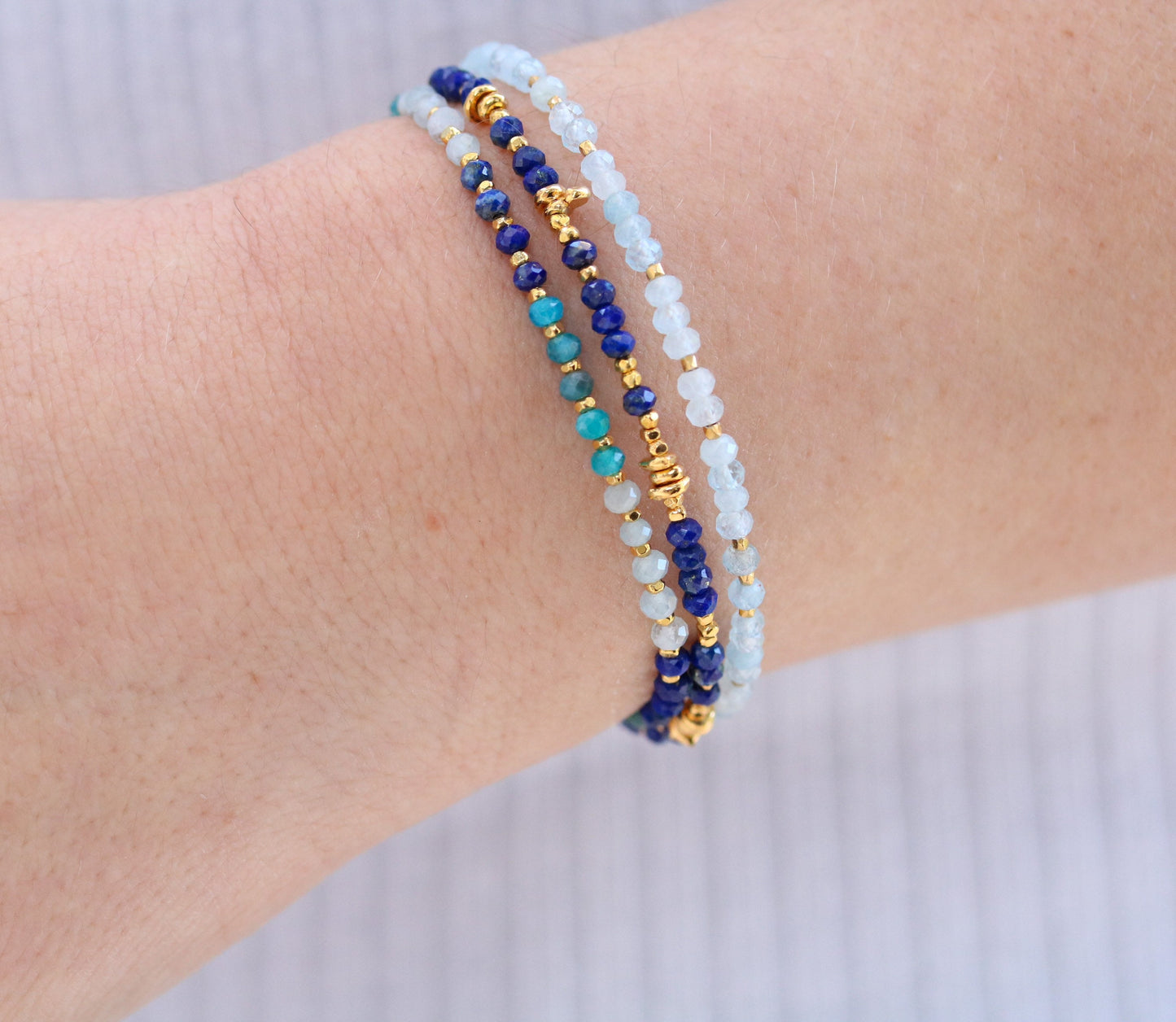 Blue Gemstone Stacking Bracelet Set: Gold Filled Karen Hill Tribe Beads