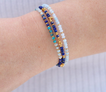 Blue Gemstone Stacking Bracelet Set: Gold Filled Karen Hill Tribe Beads