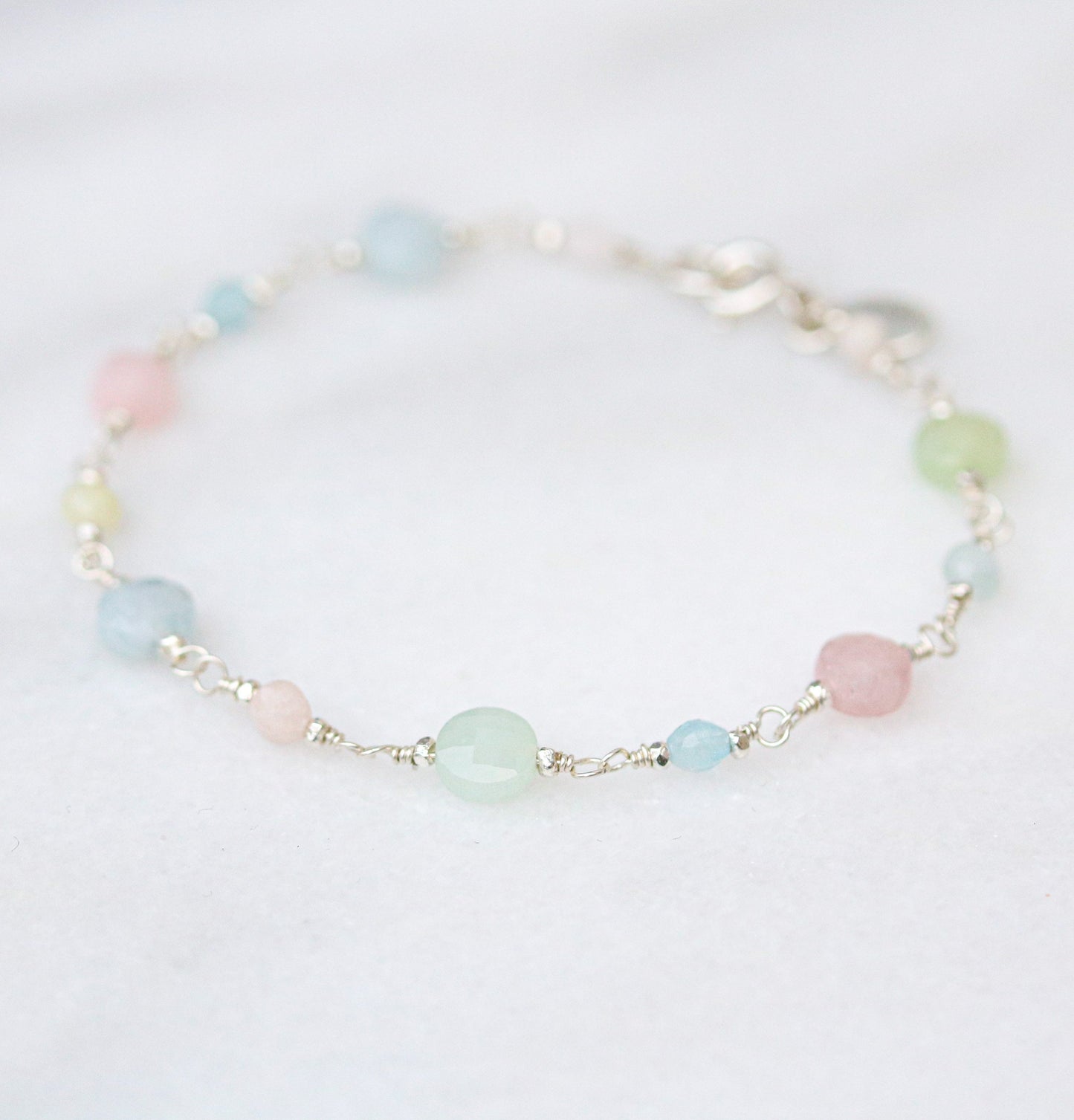 Sterling Silver Morganite Aquamarine Bracelet: Faceted Coin Gemstone