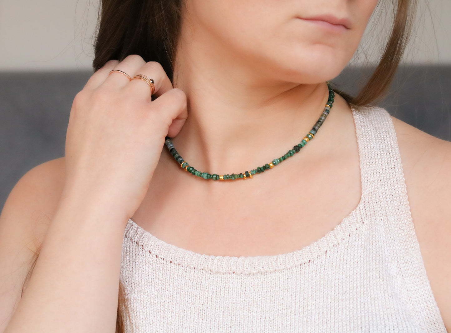 Moss Agate & Emerald Heishi Necklace: Gold Vermeil Surfer Choker