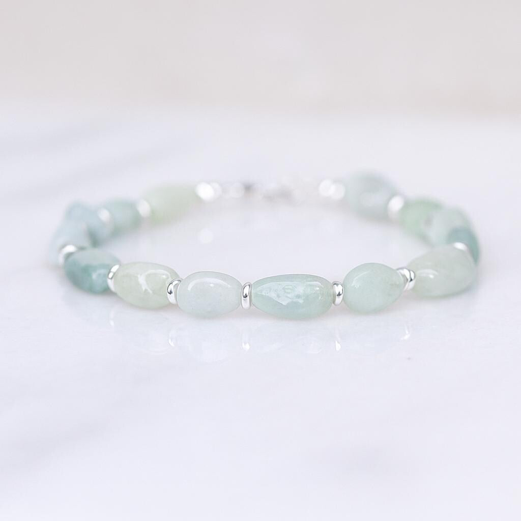 Handmade Jade Beaded Bracelet: Mint Green & White Gemstone with Gold Vermeil