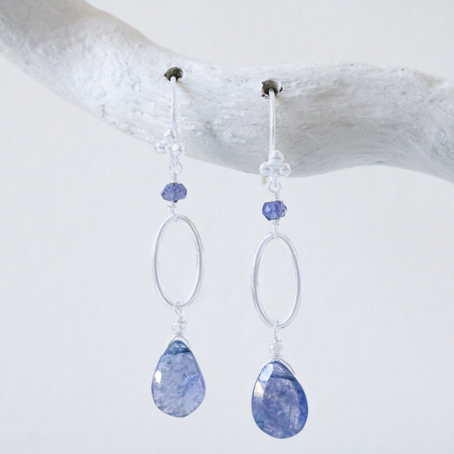 Handmade Iolite Drop Earrings: Sterling Silver Modern Design